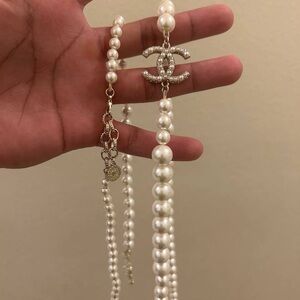 CHANEL Pearl Strand Necklace with Crystal CC Emblem - White & Gold